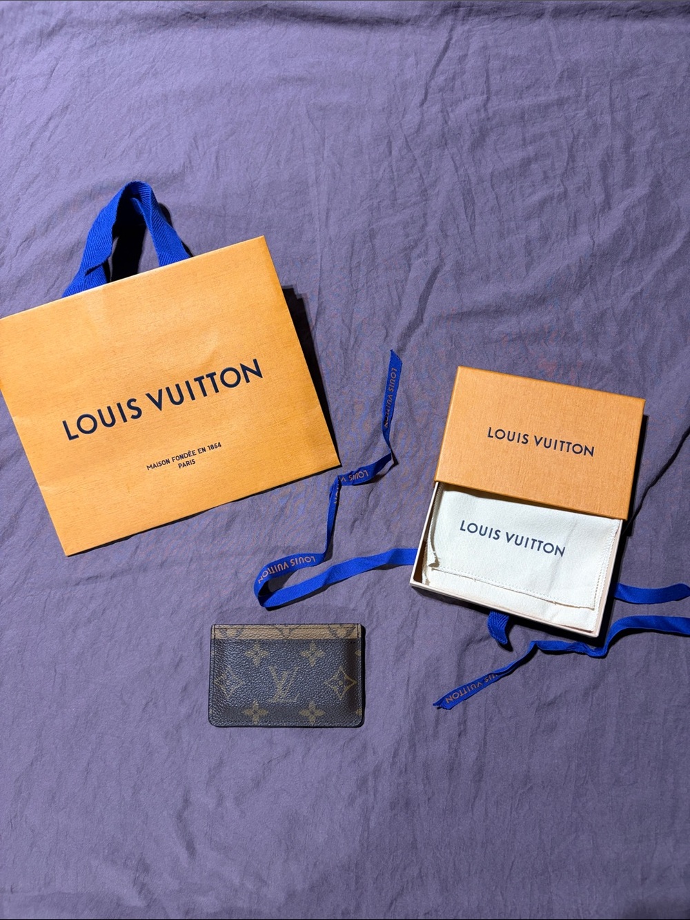 Louis Vuitton Monogram Canvas Card Holder with Orange Box and Blue Ribbon